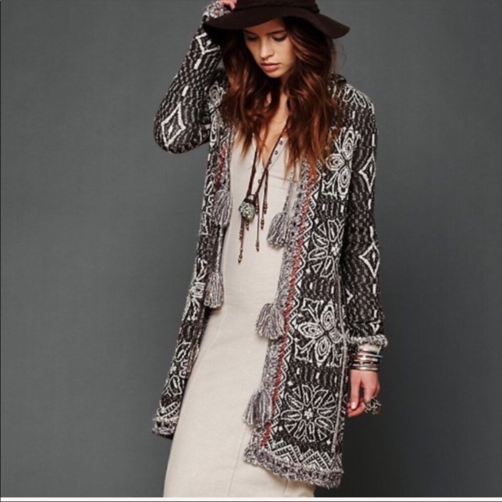 Free People Black & Cream Aztec Knit Cardigan